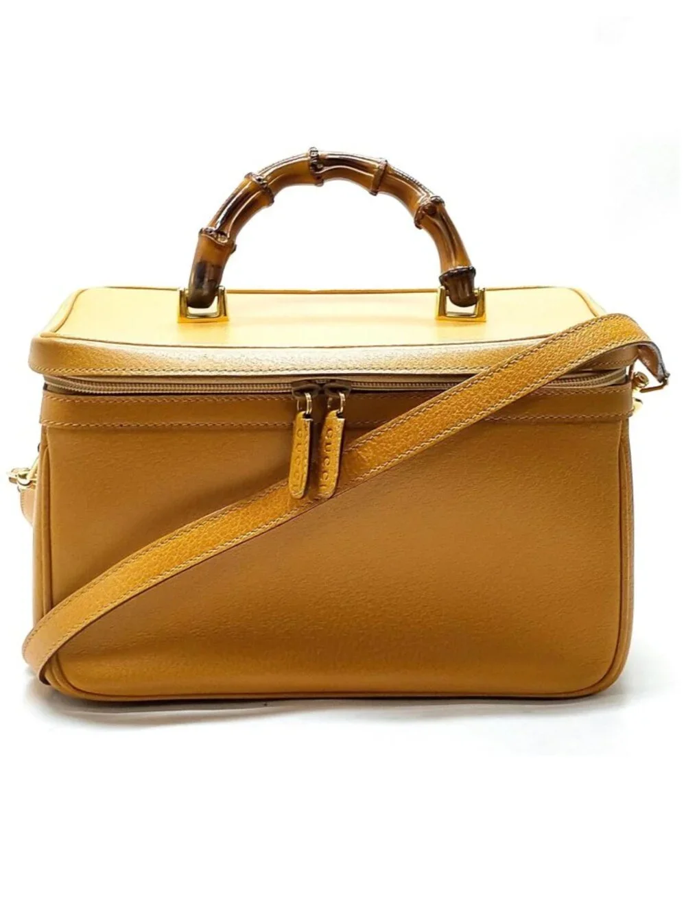 Authentic Vintage Gucci Bamboo Handle Gold Leather Vanity Case Shoulder Bag